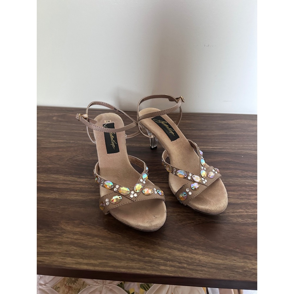 Johnathan Kayne Tan AB Crystal Lucite Kitten Heel Strappy Sandals 34228 7M